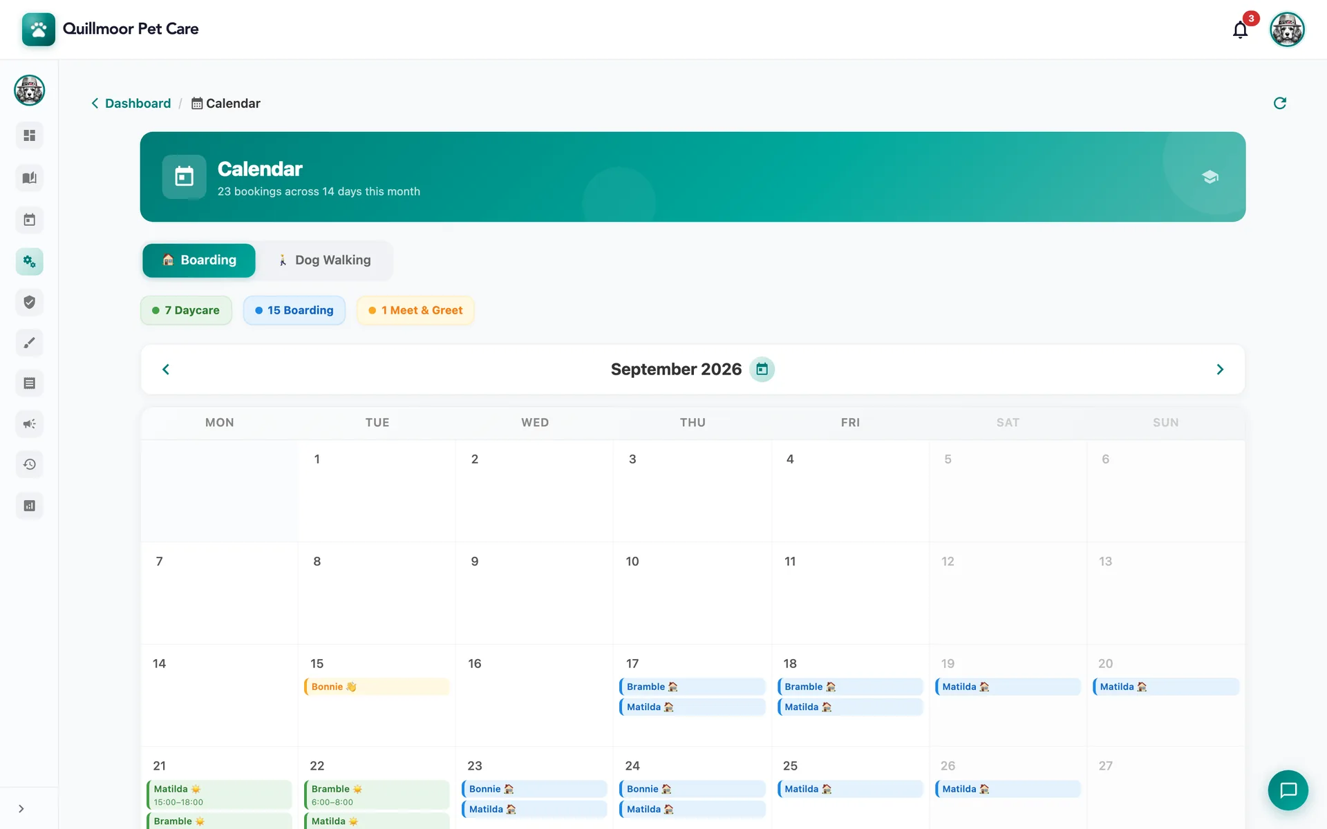 The Calendar for September 2026 — “23 bookings across 14 days this month” — on the Boarding tab, with 7 Daycare, 15 Boarding and 1 Meet & Greet: Bonnie’s meet & greet on Tuesday 15th, Bramble and Matilda boarding from Thursday 17th, Matilda on the 19th and 20th, Bonnie and Matilda from Wednesday 23rd, and daycare days for Matilda (15:00–18:00) and Bramble (6:00–8:00) on the 21st and 22nd.