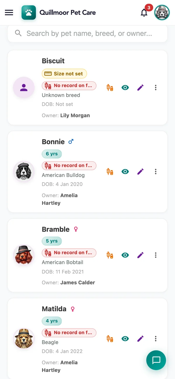 Registered Pets on a phone, with a search box and each pet’s vaccination record status and actions: Biscuit (owner Lily Morgan), whose size, breed and date of birth are not set yet; Bonnie, 6 years, American Bulldog, born 4 January 2020; Bramble, 5 years, American Bobtail, born 11 February 2021 (owner James Calder); and Matilda, 4 years, Beagle, born 4 January 2022 — Bonnie and Matilda both Amelia Hartley’s.